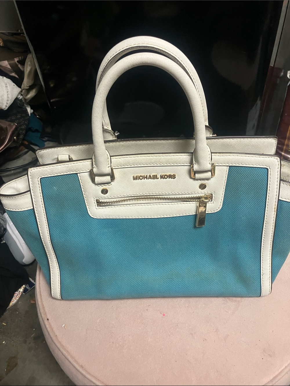 Michael Kors Blue and White Satchel with Gold Accents